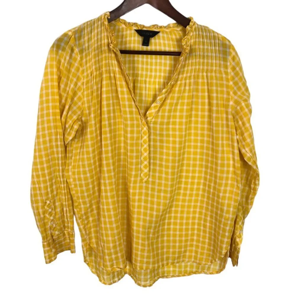 J. Crew Ruffle Classic Popover Shirt Yellow Midi Windowpane Women's Size 2